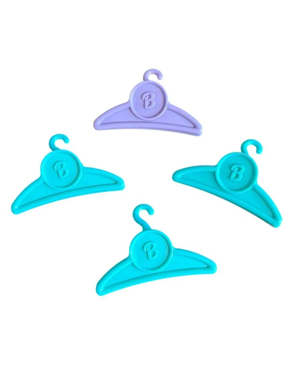 4 Barbie Doll Hangers Clips Purple Green Turquoise B Logo